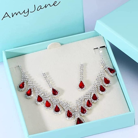 Crystal Teardrop Cluster Statement Necklace Dangle Earrings Jewelry Set Bridal - Picture 2 of 6